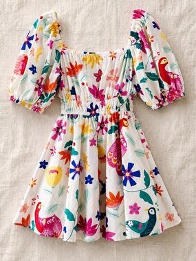 Sincerely Ours Arnette Puff Sleeve Mini Dress Peacock Floral Cream Size Large
